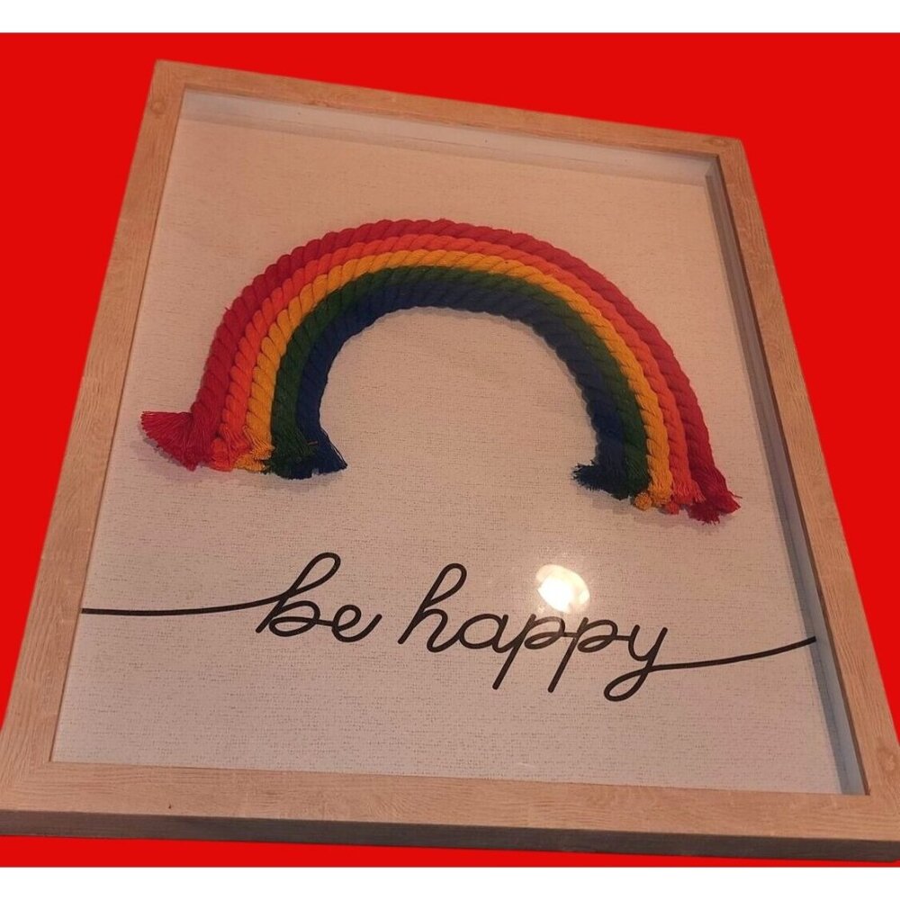 Handmade Wall Art Framed Rainbow Rope Design With "Be Happy" Text 14"x11"